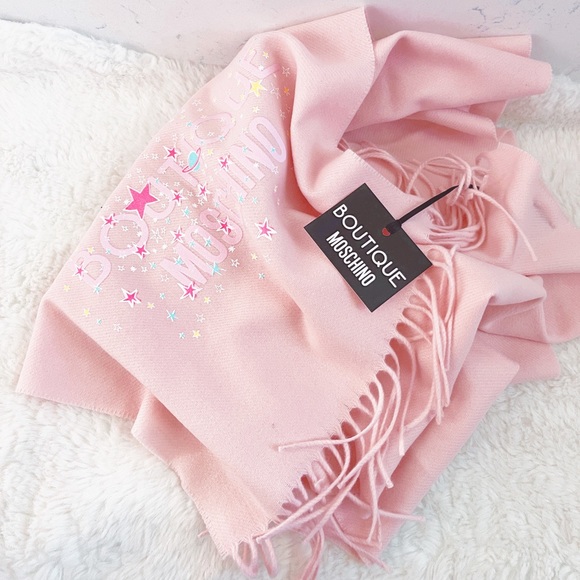 Authentic Moschino XL Merino Wool Baby Pink Pastel Star Logo Scarf - Picture 9 of 11